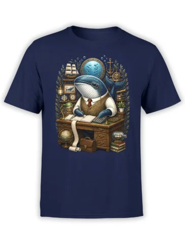 navy unisex t-shirt with detailed illustration of a whale accountant at a vintage nautical desk surrounded by ocean-themed objects