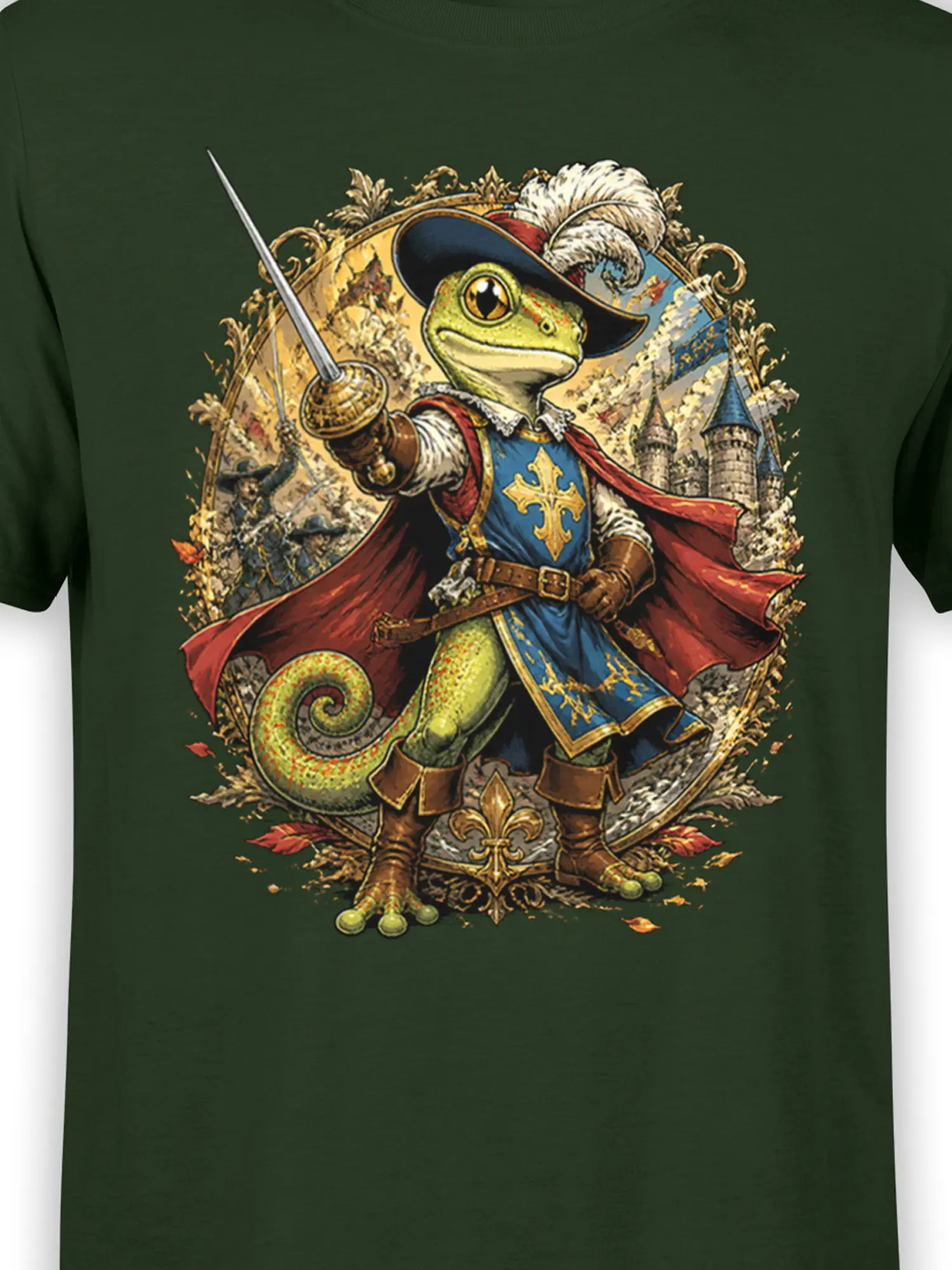 Close-up of the gecko musketeer design showing the rapier, feathered hat, cape and castle details on the green shirt