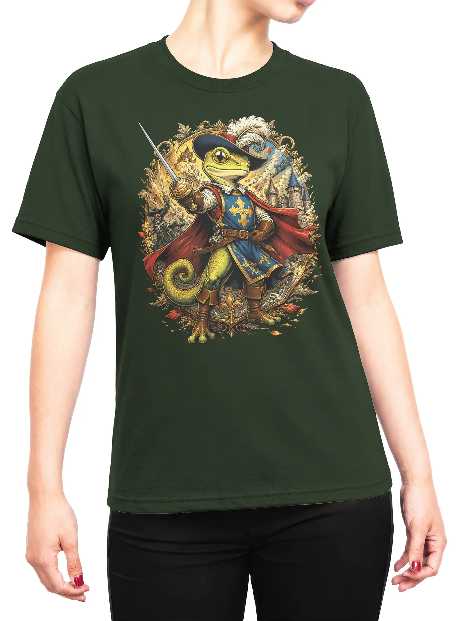 Woman wearing green gecko musketeer fantasy t-shirt with rapier and castle artwork centered on the chest