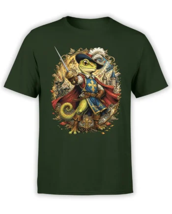Green unisex t-shirt with a detailed gecko musketeer graphic holding a rapier in front of a castle and ornate fantasy frame