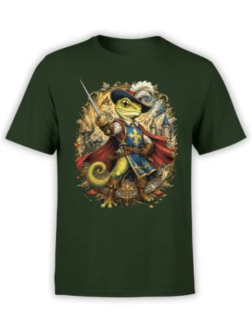 Green unisex t-shirt with a detailed gecko musketeer graphic holding a rapier in front of a castle and ornate fantasy frame