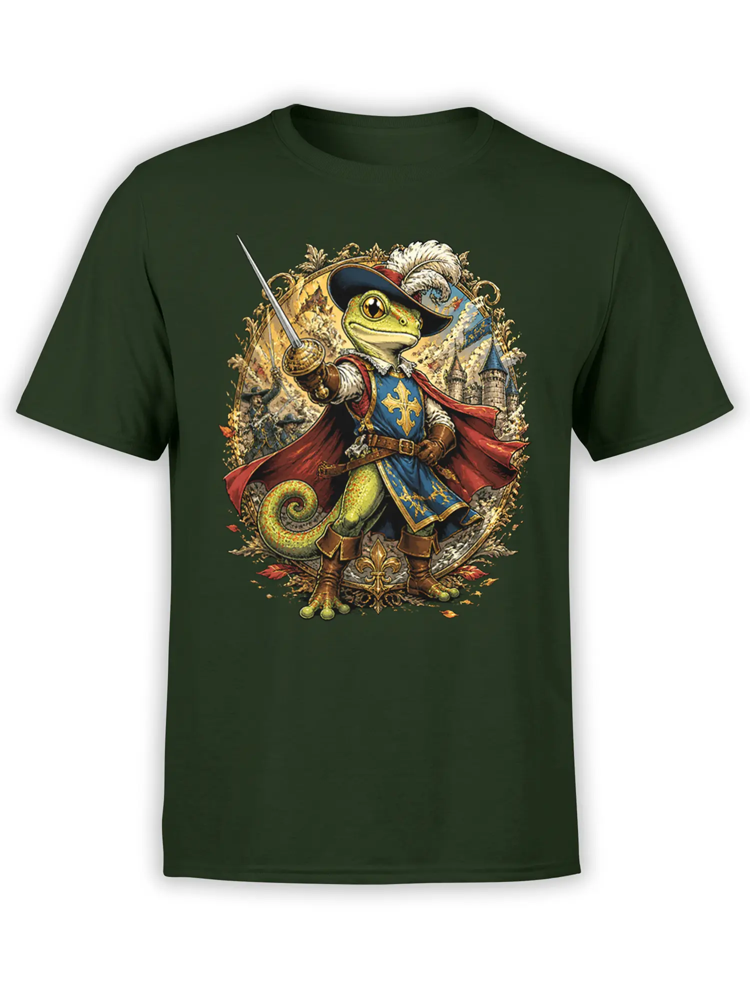 Green unisex t-shirt with a detailed gecko musketeer graphic holding a rapier in front of a castle and ornate fantasy frame