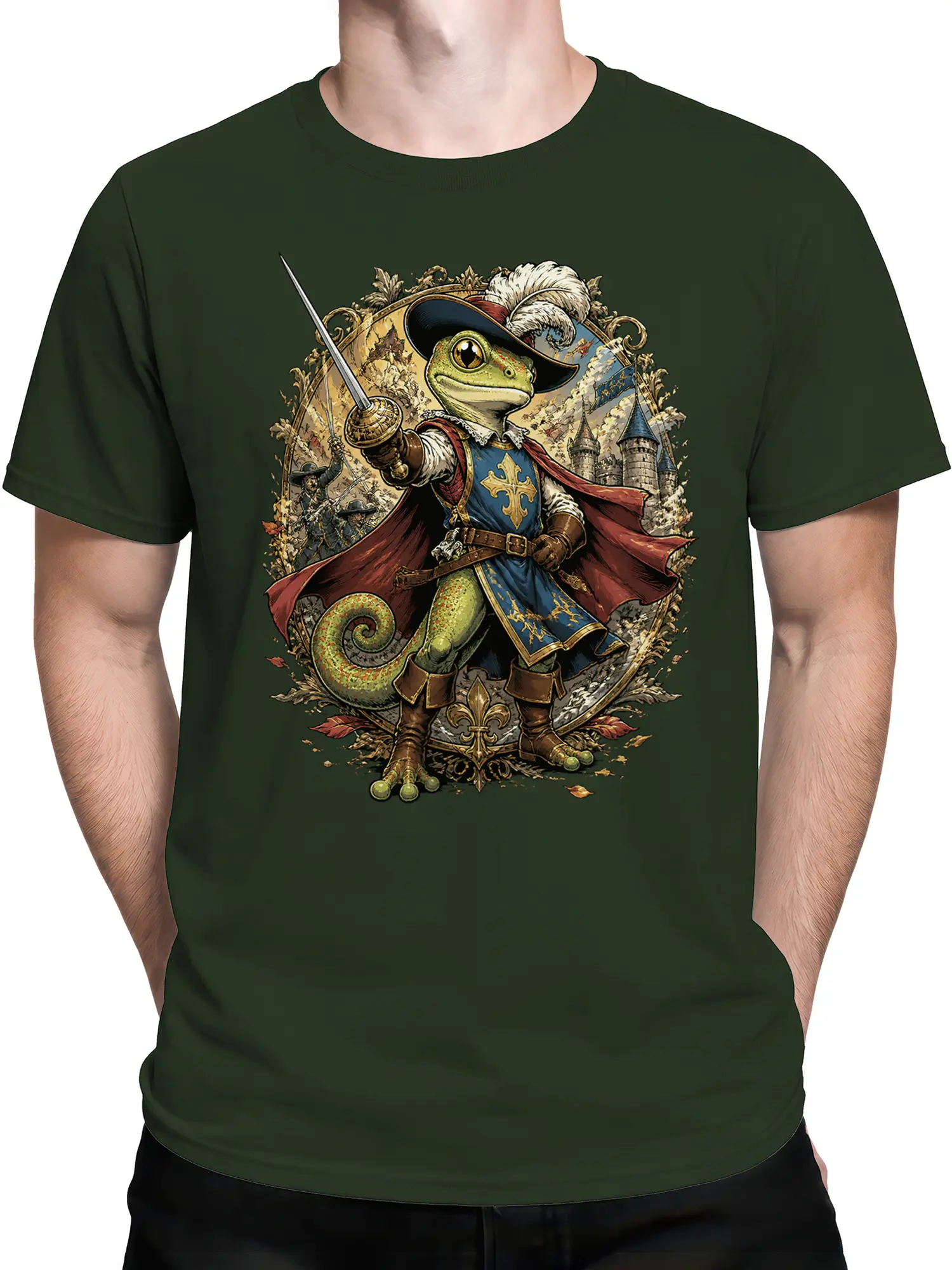 Man wearing green gecko musketeer t-shirt featuring heroic reptile with sword and cape in ornate fantasy frame