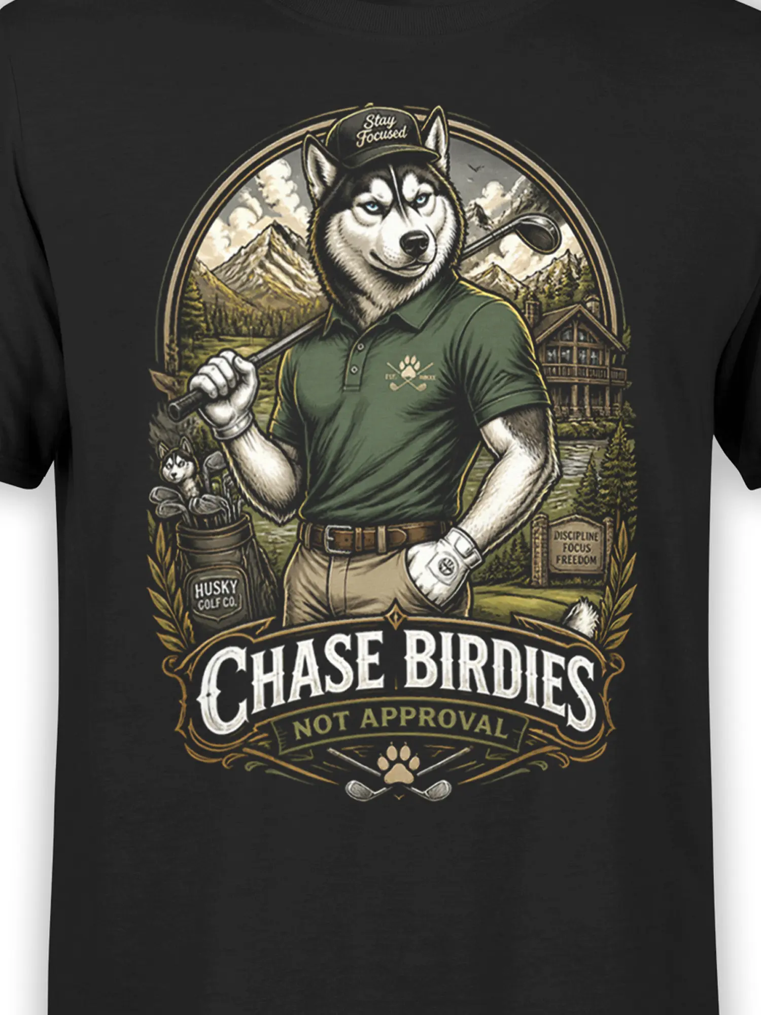 close-up of husky golfer artwork and “Chase Birdies Not Approval” text on black golf dog t-shirt