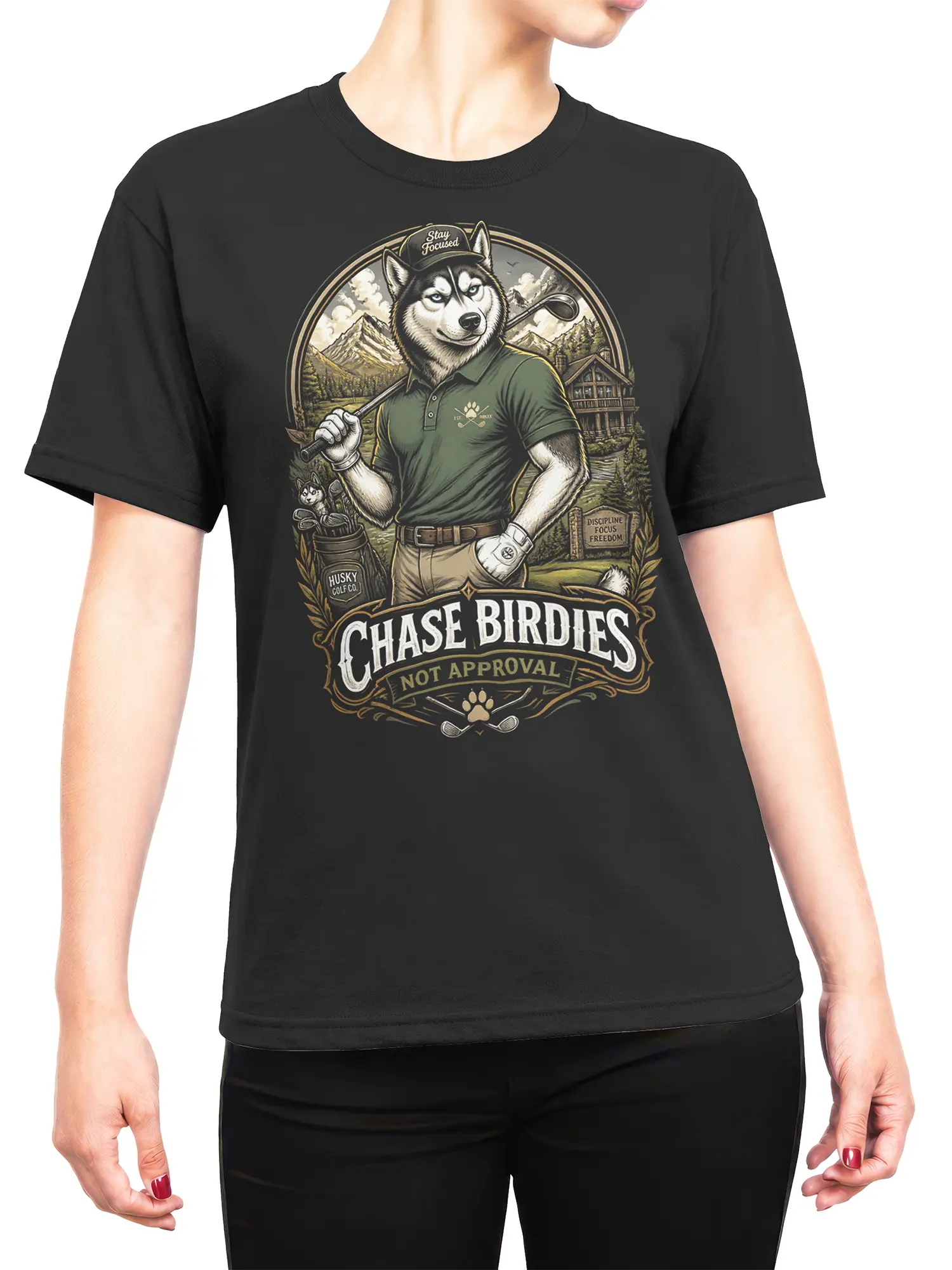 female model wearing black husky golfer “Chase Birdies Not Approval” t-shirt with vintage golf design