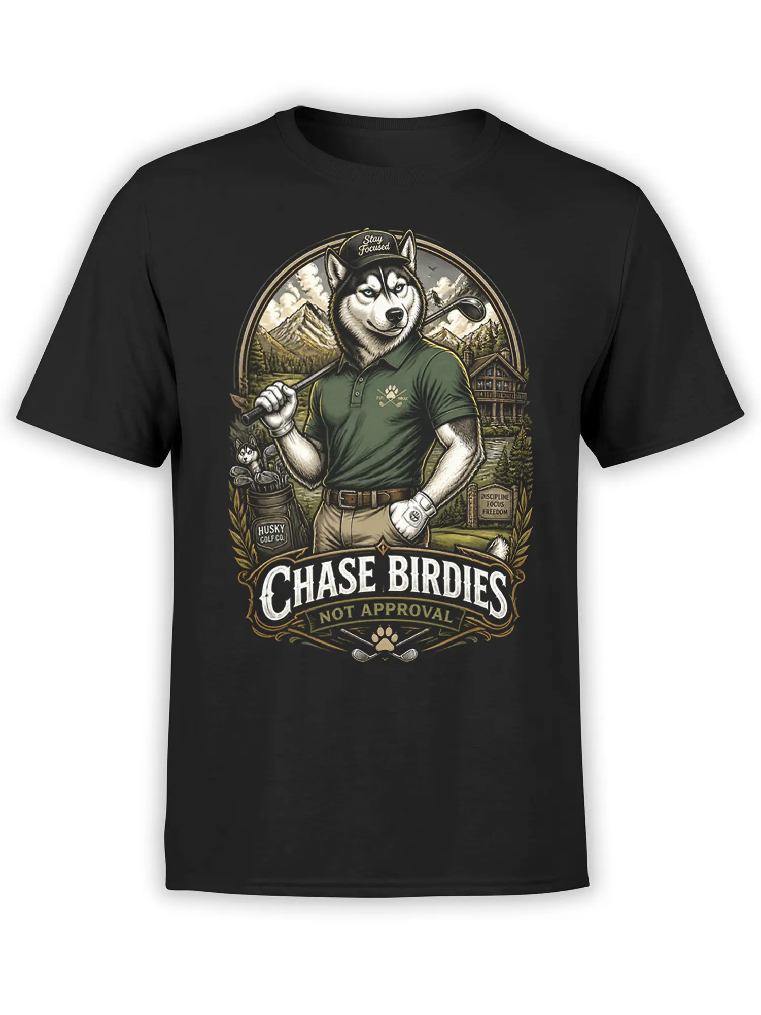 black unisex t-shirt with vintage husky golfer artwork and “Chase Birdies Not Approval” golf slogan across the front
