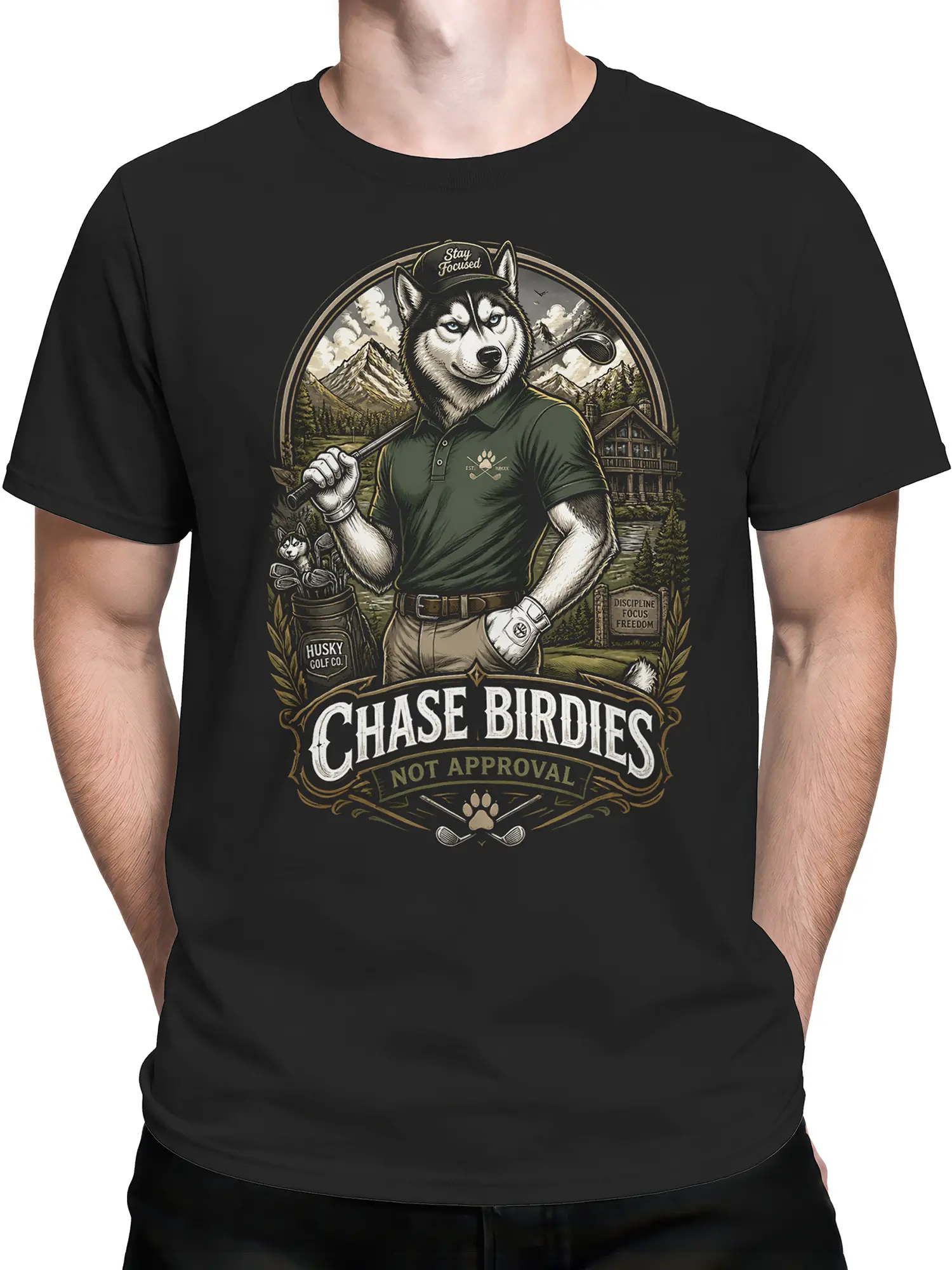 male model wearing black husky golf dog t-shirt with “Chase Birdies Not Approval” slogan