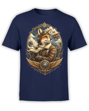navy t-shirt with detailed vintage aviator fox graphic in leather jacket, goggles, and biplanes framed by golden compass artwork
