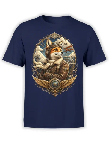 navy t-shirt with detailed vintage aviator fox graphic in leather jacket, goggles, and biplanes framed by golden compass artwork