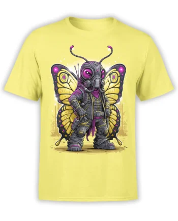 Yellow unisex t-shirt featuring a detailed sci-fi butterfly warrior in armor with neon yellow and magenta wings standing in a wasteland scene
