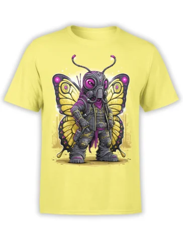 Yellow unisex t-shirt featuring a detailed sci-fi butterfly warrior in armor with neon yellow and magenta wings standing in a wasteland scene