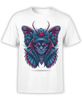 white unisex t-shirt featuring a neon blue and magenta moth samurai warrior face with glowing red eyes in a bold fantasy style