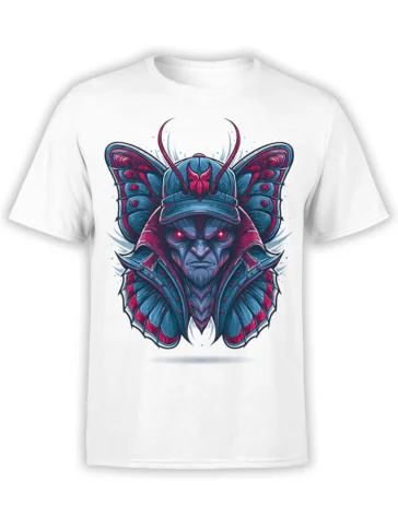white unisex t-shirt featuring a neon blue and magenta moth samurai warrior face with glowing red eyes in a bold fantasy style