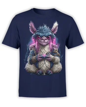 navy unisex t-shirt with neon gamer llama wearing headphones and holding a glowing controller in detailed cyber style