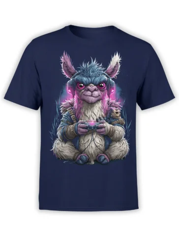 navy unisex t-shirt with neon gamer llama wearing headphones and holding a glowing controller in detailed cyber style