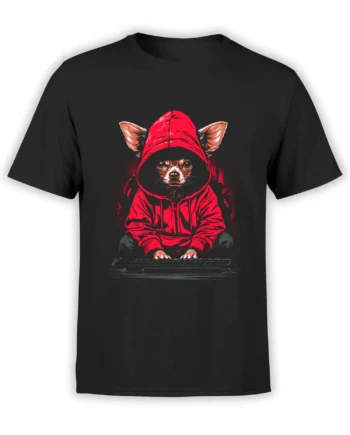 Black unisex t-shirt with a chihuahua in a red hoodie hunched over a keyboard, bold hacker dog design in red and gray tones