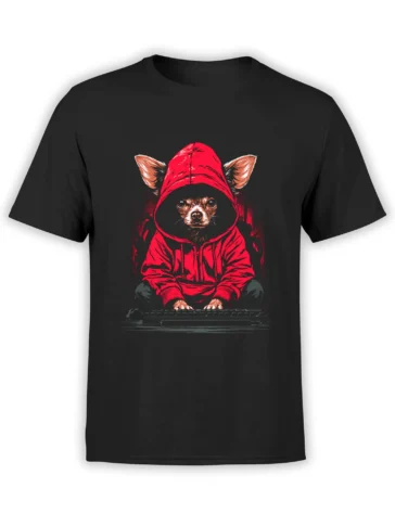 Black unisex t-shirt with a chihuahua in a red hoodie hunched over a keyboard, bold hacker dog design in red and gray tones