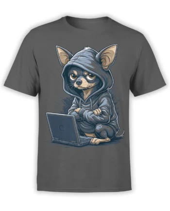 gray unisex t-shirt with a grumpy hoodie chihuahua working at a laptop in a detailed cartoon style