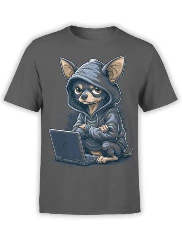 gray unisex t-shirt with a grumpy hoodie chihuahua working at a laptop in a detailed cartoon style