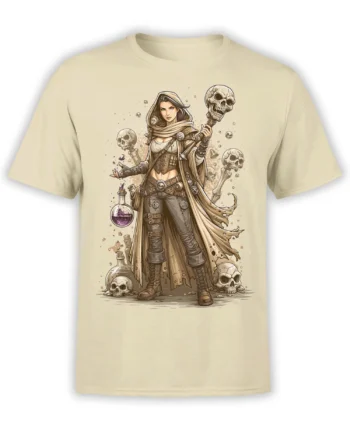 beige t-shirt with detailed skull sorceress holding a staff and potion surrounded by bones and skulls in fantasy style