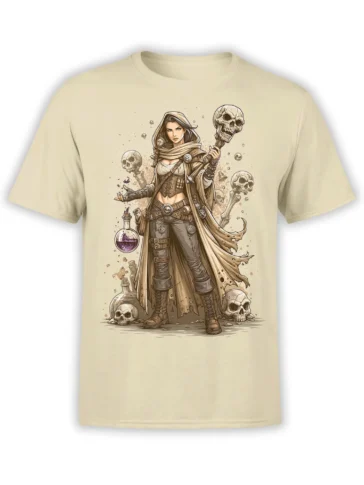 beige t-shirt with detailed skull sorceress holding a staff and potion surrounded by bones and skulls in fantasy style