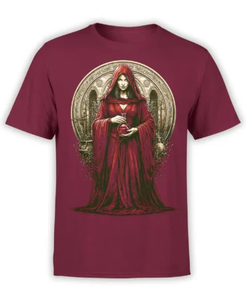 front view of red unisex t-shirt with detailed hooded sorceress holding a potion vial in front of ornate gothic arches