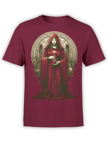 front view of red unisex t-shirt with detailed hooded sorceress holding a potion vial in front of ornate gothic arches