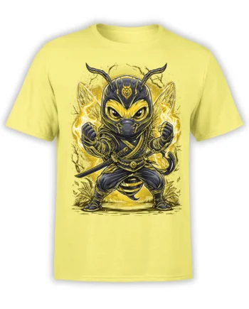 Front view of yellow unisex T-shirt featuring a bold chibi bee ninja warrior with katanas and glowing wings