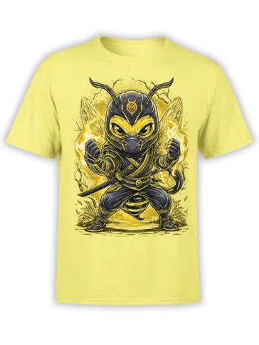 Front view of yellow unisex T-shirt featuring a bold chibi bee ninja warrior with katanas and glowing wings