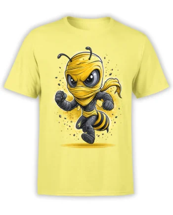 unisex yellow t-shirt with dynamic cartoon ninja bee graphic in black and yellow mid-run pose