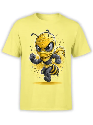 unisex yellow t-shirt with dynamic cartoon ninja bee graphic in black and yellow mid-run pose