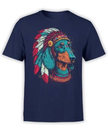 black unisex t-shirt with detailed teal dachshund wearing red and white feather crown and collar in bold graphic style