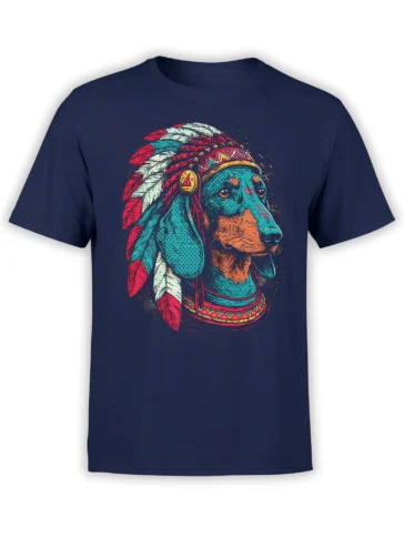 black unisex t-shirt with detailed teal dachshund wearing red and white feather crown and collar in bold graphic style
