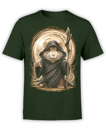 Black unisex t-shirt with a detailed hooded mouse wizard casting a glowing golden spell with a wooden staff on the front