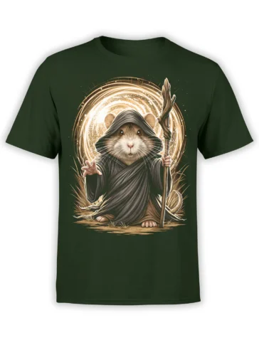 Black unisex t-shirt with a detailed hooded mouse wizard casting a glowing golden spell with a wooden staff on the front