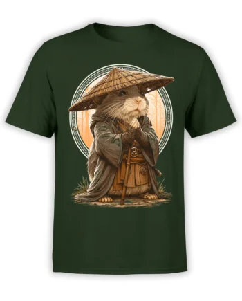 Dark gray unisex t-shirt with a detailed hamster warrior monk in straw hat and robes framed by a circular forest design