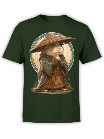 Dark gray unisex t-shirt with a detailed hamster warrior monk in straw hat and robes framed by a circular forest design
