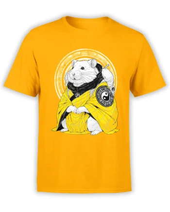 orange unisex t-shirt featuring a detailed zen hamster in a yellow robe with a yin yang symbol and circular halo graphic