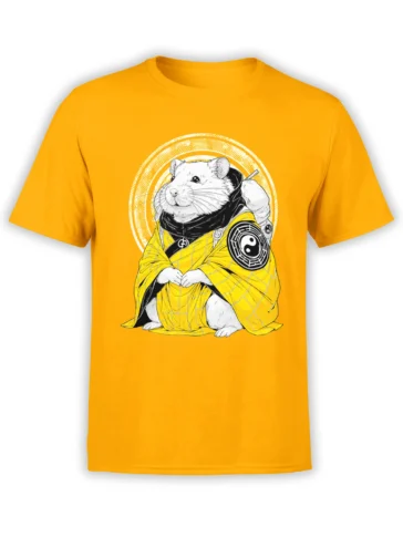 orange unisex t-shirt featuring a detailed zen hamster in a yellow robe with a yin yang symbol and circular halo graphic
