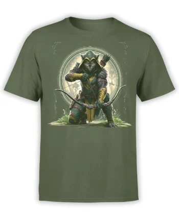 Green unisex t-shirt with detailed fantasy owl archer warrior in hooded armor kneeling with a drawn bow in front of a glowing circle