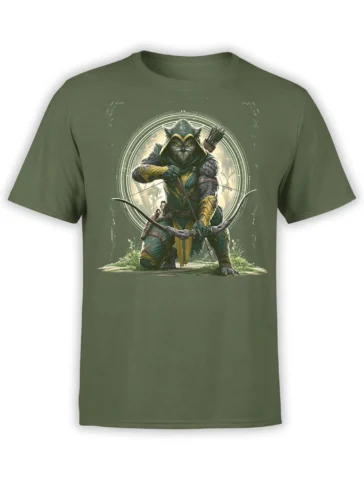 Green unisex t-shirt with detailed fantasy owl archer warrior in hooded armor kneeling with a drawn bow in front of a glowing circle
