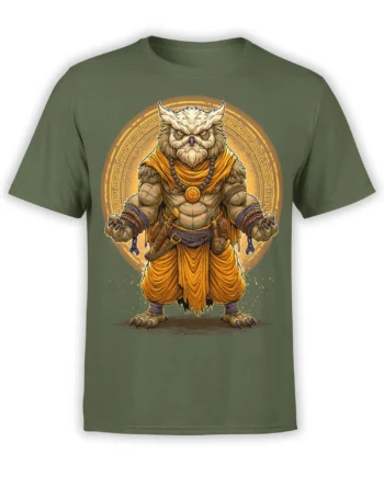 Front view of green unisex t-shirt with detailed muscular owl warrior monk in golden robes and glowing halo fantasy design