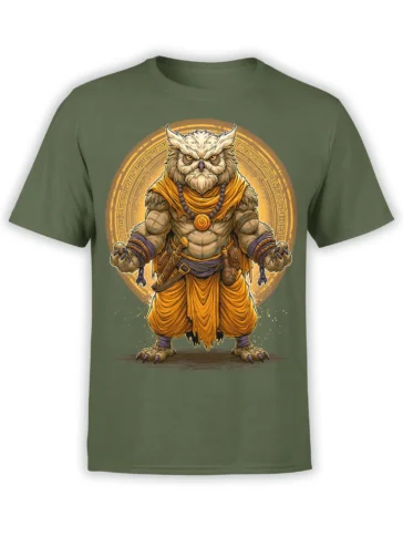 Front view of green unisex t-shirt with detailed muscular owl warrior monk in golden robes and glowing halo fantasy design