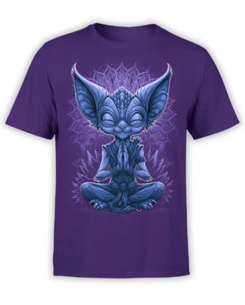 Purple unisex t-shirt featuring a blue meditating alien with big ears and a glowing mandala background in detailed line art