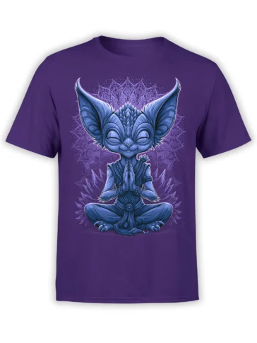 Purple unisex t-shirt featuring a blue meditating alien with big ears and a glowing mandala background in detailed line art