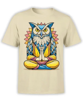 Beige unisex T-shirt with a colorful meditating owl in lotus pose and mandala halo, combining yoga and owl art in a bold graphic design