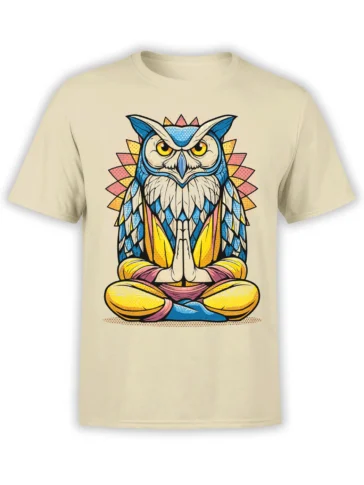 Beige unisex T-shirt with a colorful meditating owl in lotus pose and mandala halo, combining yoga and owl art in a bold graphic design