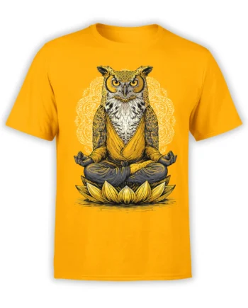 yellow unisex t-shirt with detailed meditating owl in robe on lotus flower and mandala halo centered on the chest