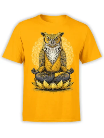yellow unisex t-shirt with detailed meditating owl in robe on lotus flower and mandala halo centered on the chest