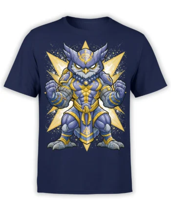 Navy unisex t-shirt with a chibi-style armored owl warrior in blue and yellow, set against a bright starburst background
